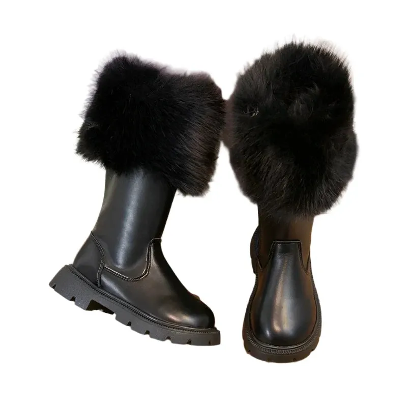 Girls High Boots Plush Cotton Beige & Black - New Autumn/Winter Side Zipper Leather Boots for Children - Warm & Chic Fashion
