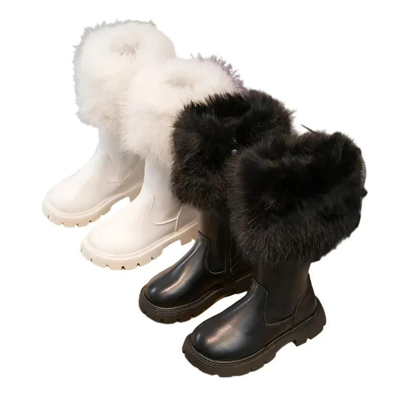 Girls High Boots Plush Cotton Beige & Black - New Autumn/Winter Side Zipper Leather Boots for Children - Warm & Chic Fashion