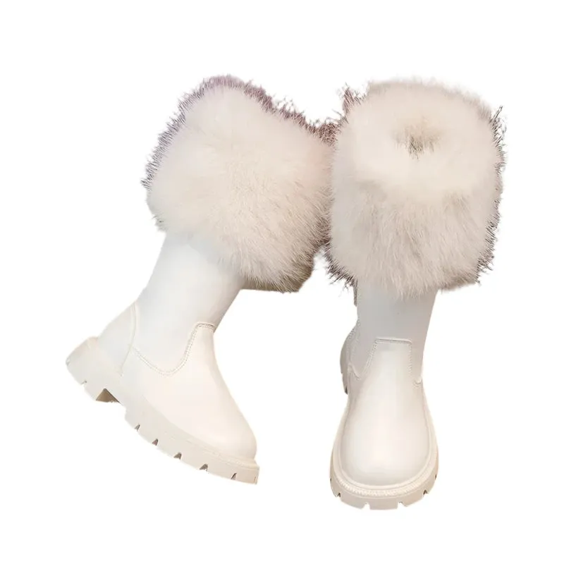Girls High Boots Plush Cotton Beige & Black - New Autumn/Winter Side Zipper Leather Boots for Children - Warm & Chic Fashion