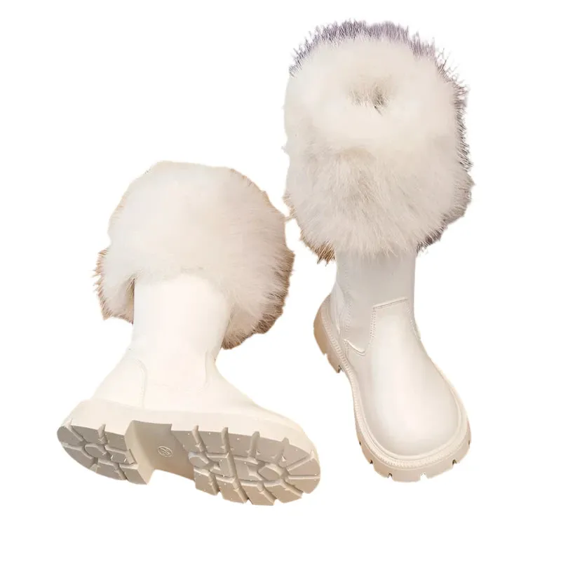 Girls High Boots Plush Cotton Beige & Black - New Autumn/Winter Side Zipper Leather Boots for Children - Warm & Chic Fashion