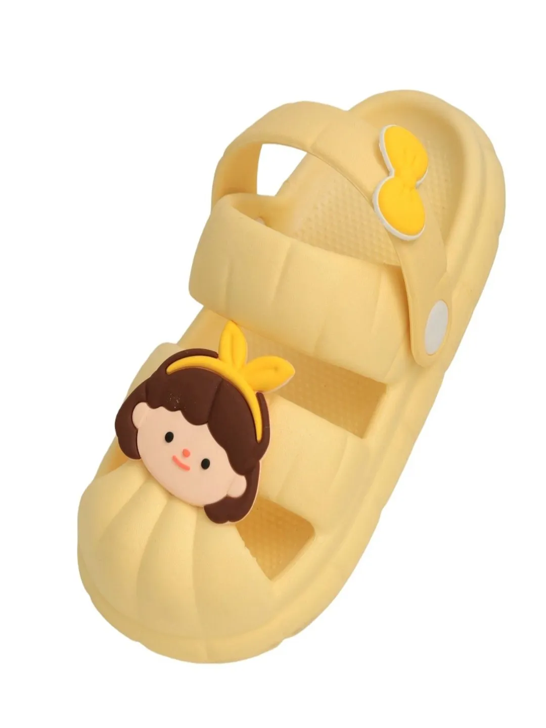 Girls' Yellow Sandals with Cute Girl Face Charms and Bow Design