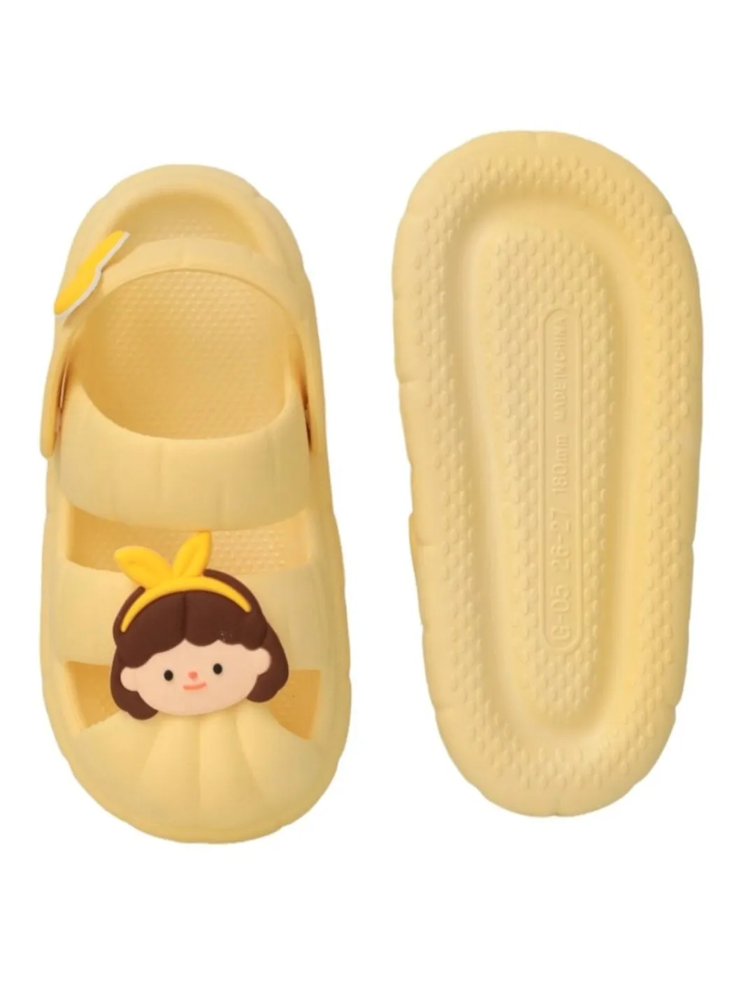 Girls' Yellow Sandals with Cute Girl Face Charms and Bow Design