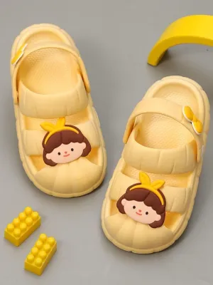 Girls' Yellow Sandals with Cute Girl Face Charms and Bow Design