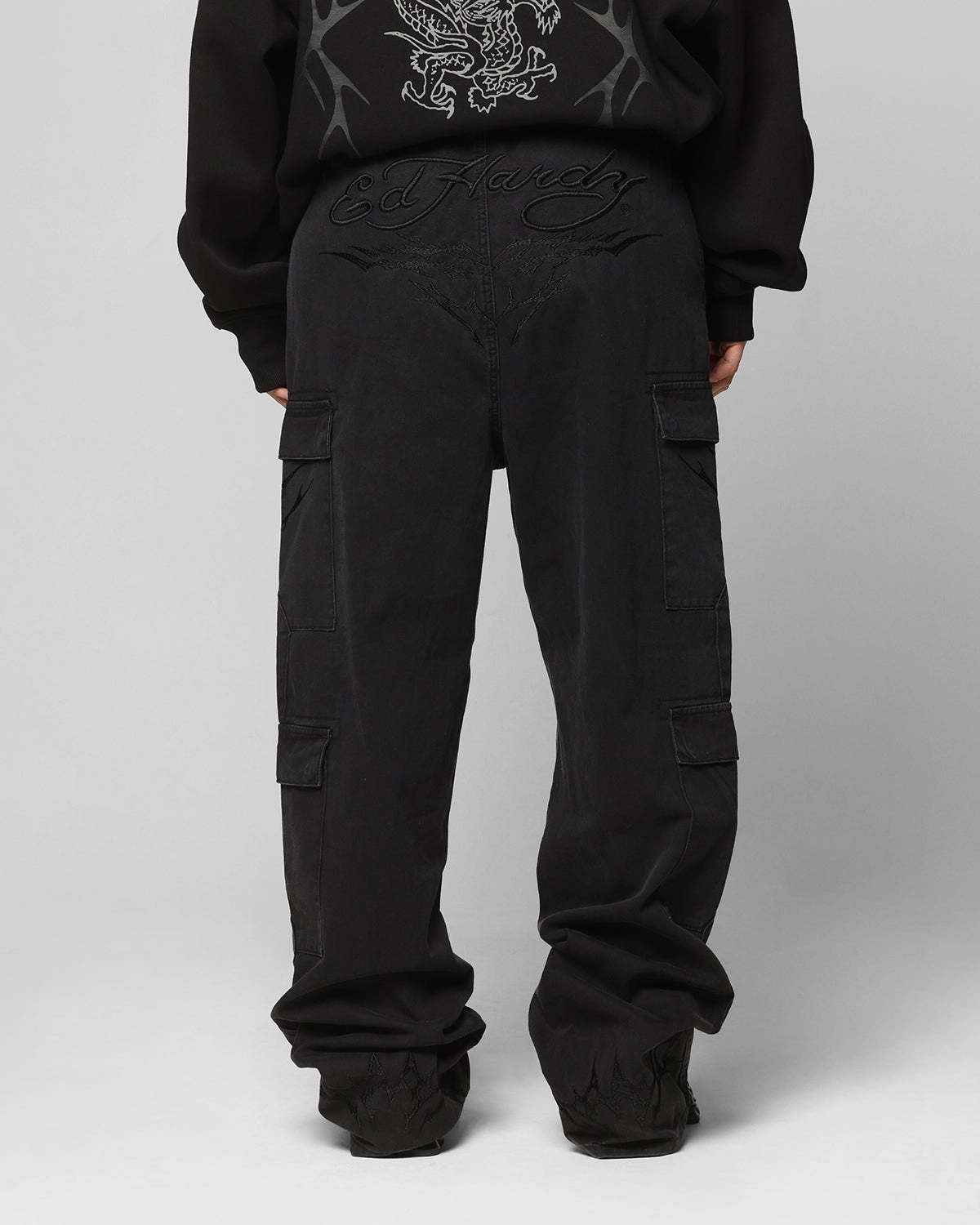 Ed Hardy Electric Cargo Pants Washed Black Low Profile Waistband