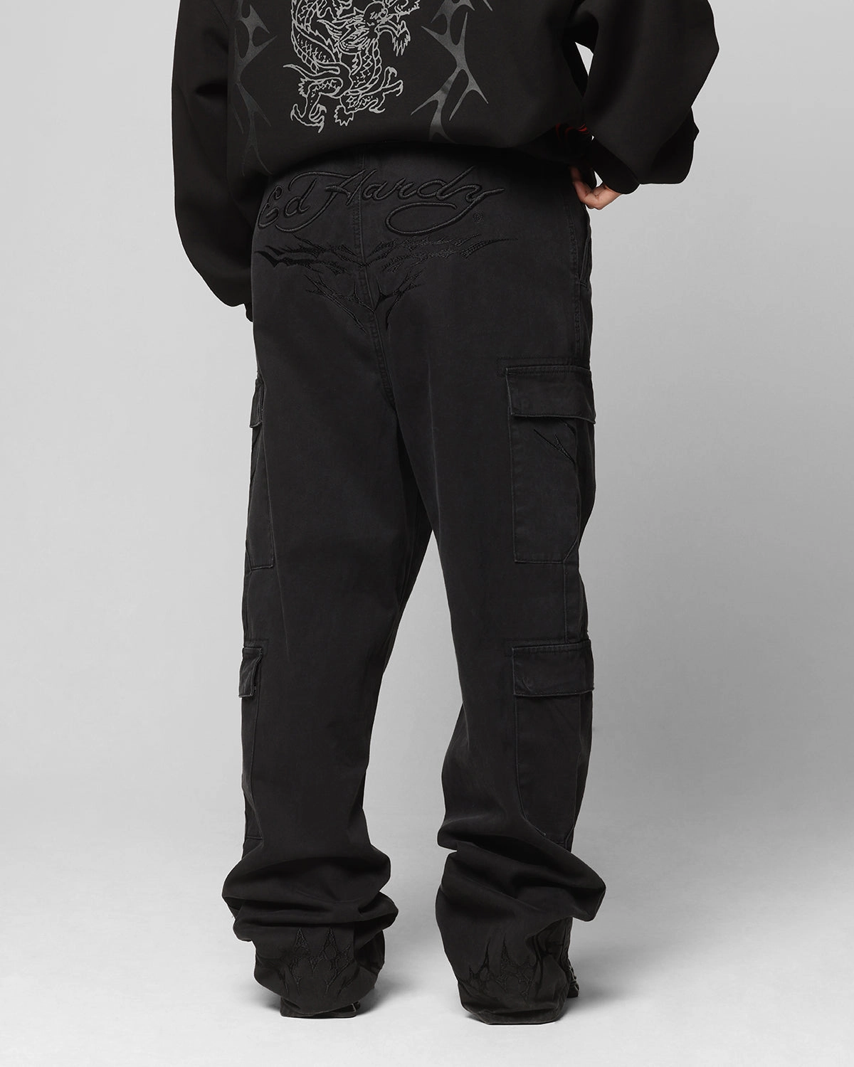Soft and Stretchy Ed Hardy Electric Cargo Pants Washed Black