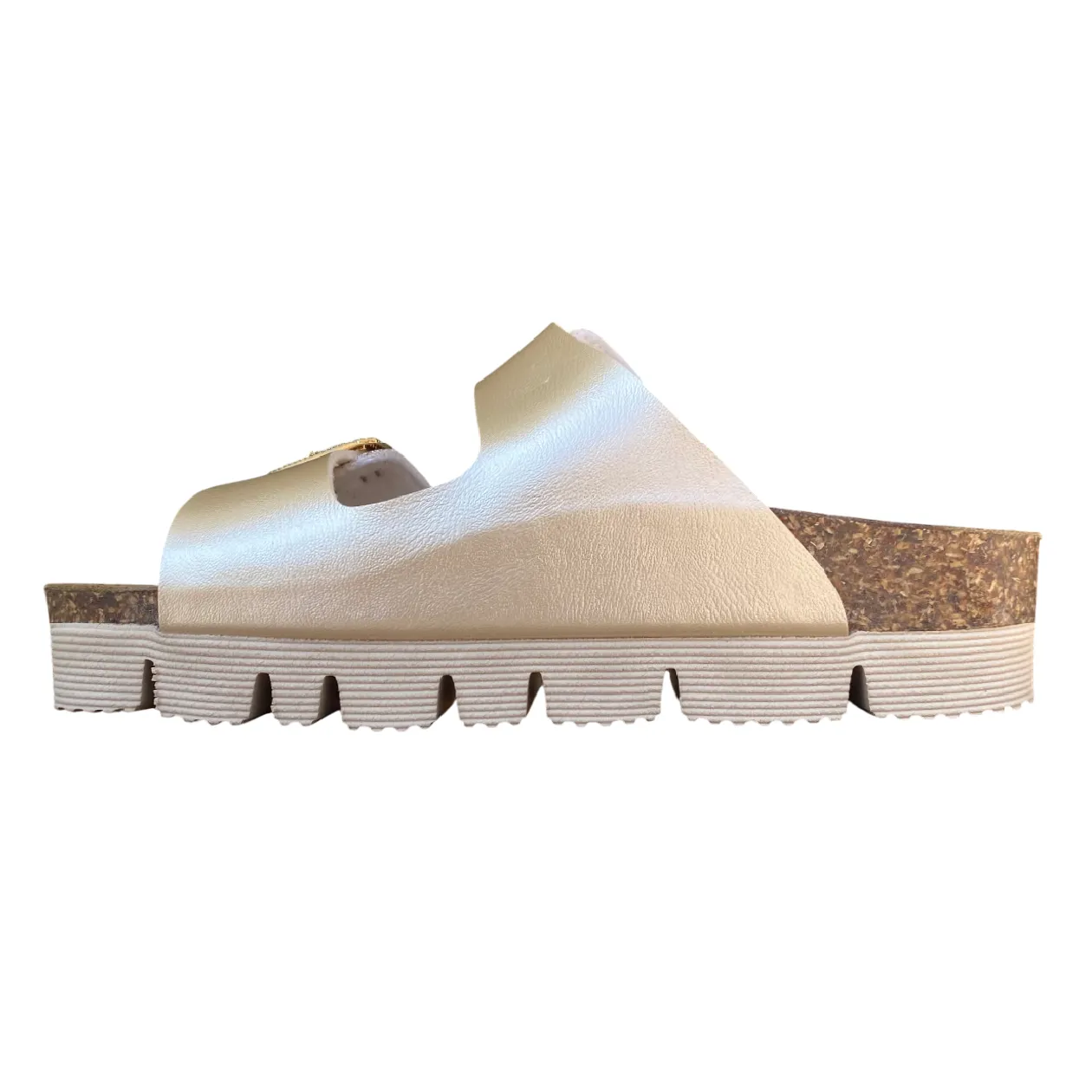 Goldstar ciabatta da donna con sottopiede in pelle 2 fasce laminata e gliettata e con fibbie glitterate GS6800QS oro Anti Bacterial Footbed