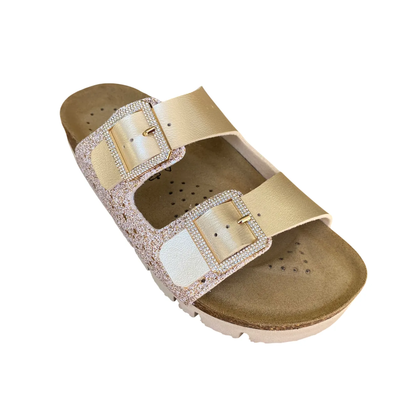 Outdoor Travel Goldstar ciabatta da donna con sottopiede in pelle 2 fasce laminata e gliettata e con fibbie glitterate GS6800QS oro