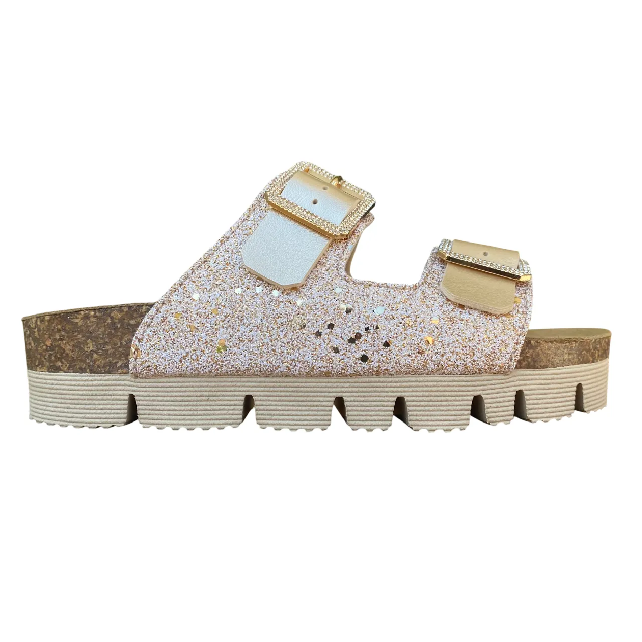 Indoor Use Goldstar ciabatta da donna con sottopiede in pelle 2 fasce laminata e gliettata e con fibbie glitterate GS6800QS oro
