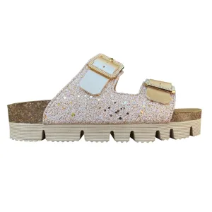 Indoor Use Goldstar ciabatta da donna con sottopiede in pelle 2 fasce laminata e gliettata e con fibbie glitterate GS6800QS oro