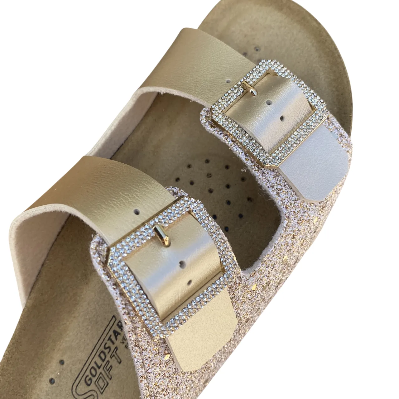 Goldstar ciabatta da donna con sottopiede in pelle 2 fasce laminata e gliettata e con fibbie glitterate GS6800QS oro Sandal Accessories
