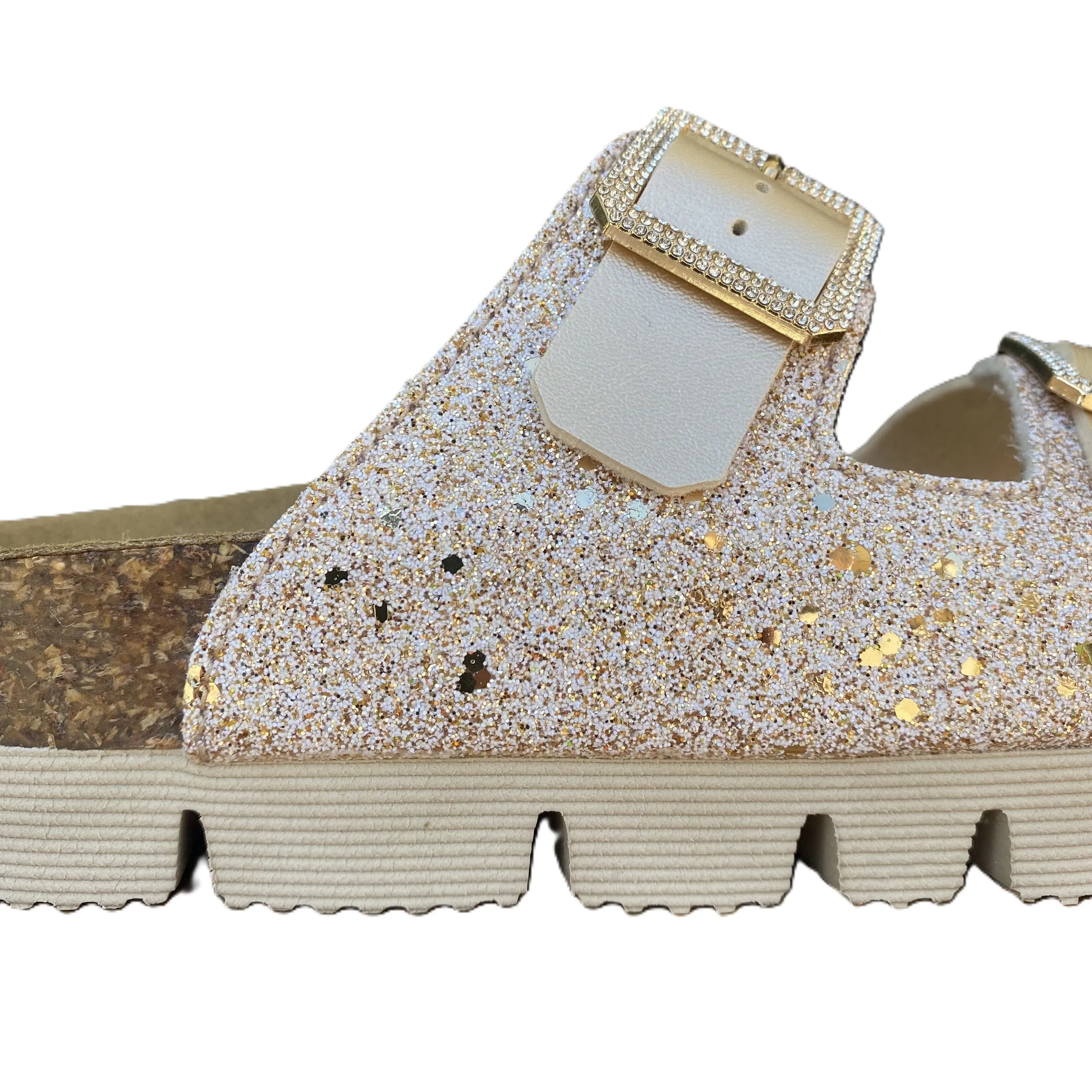 Environmentally Friendly Footbed Goldstar ciabatta da donna con sottopiede in pelle 2 fasce laminata e gliettata e con fibbie glitterate GS6800QS oro
