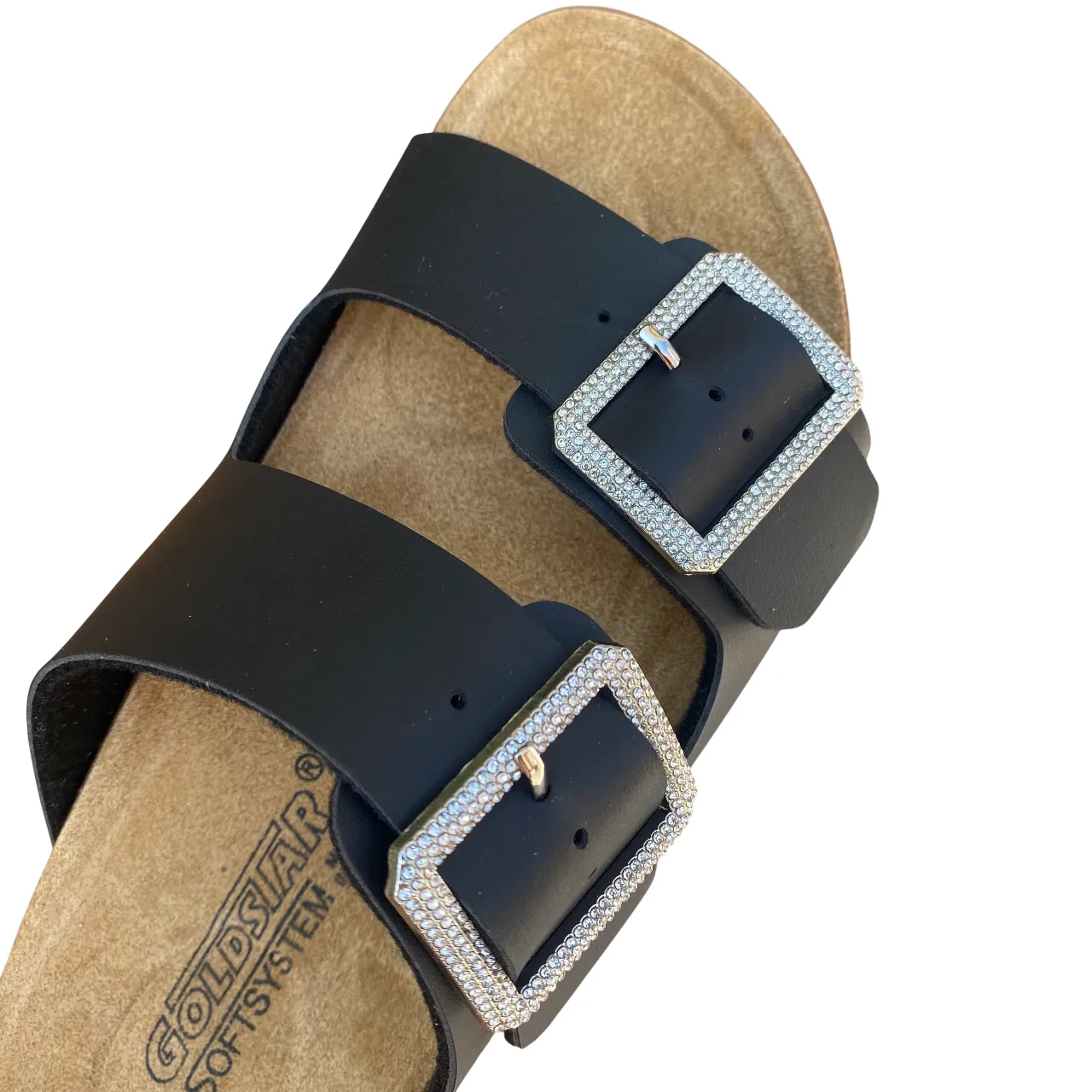 Goldstar ciabatta da donna sottopiede in pelle con 2 fibbie con strass GS31801QS premier nero Comfortable Footwear for Every Day