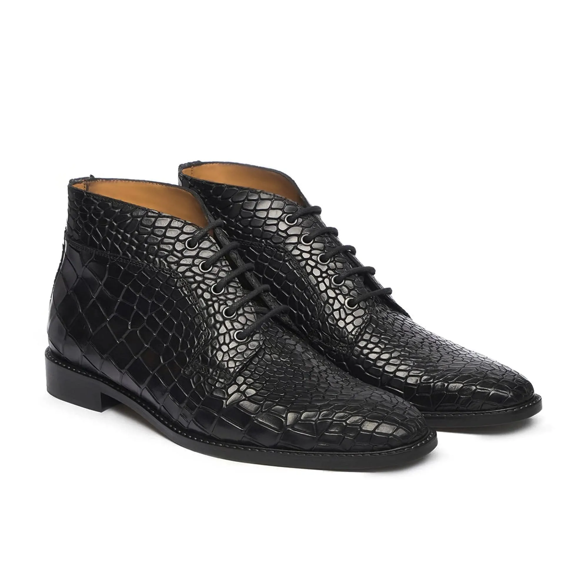 Handmade Custom Crocodile Pattern Calf Leather Black Dress Chukka Boots For Men