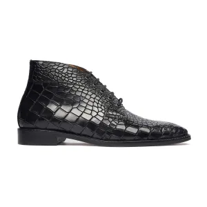Handmade Custom Crocodile Pattern Calf Leather Black Dress Chukka Boots For Men