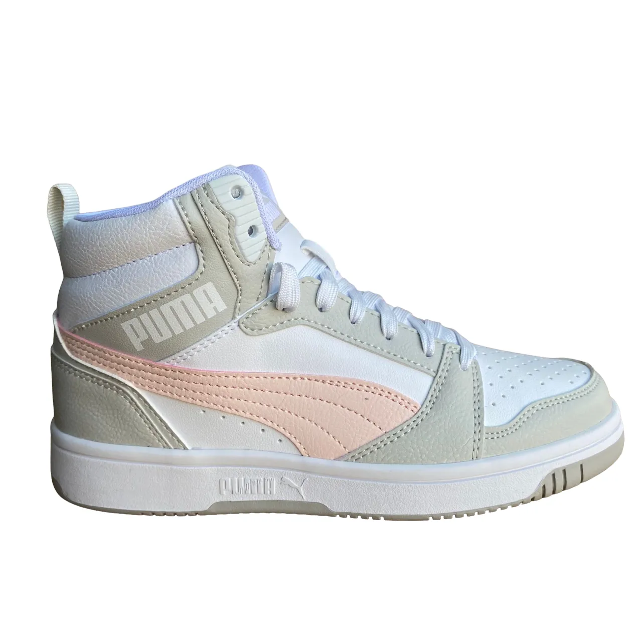 Indoor endurance training footwear Puma Scarpa sneakers alta da ragazza Rebound v6 Mid 393831 04 bianco-rosa-grigio