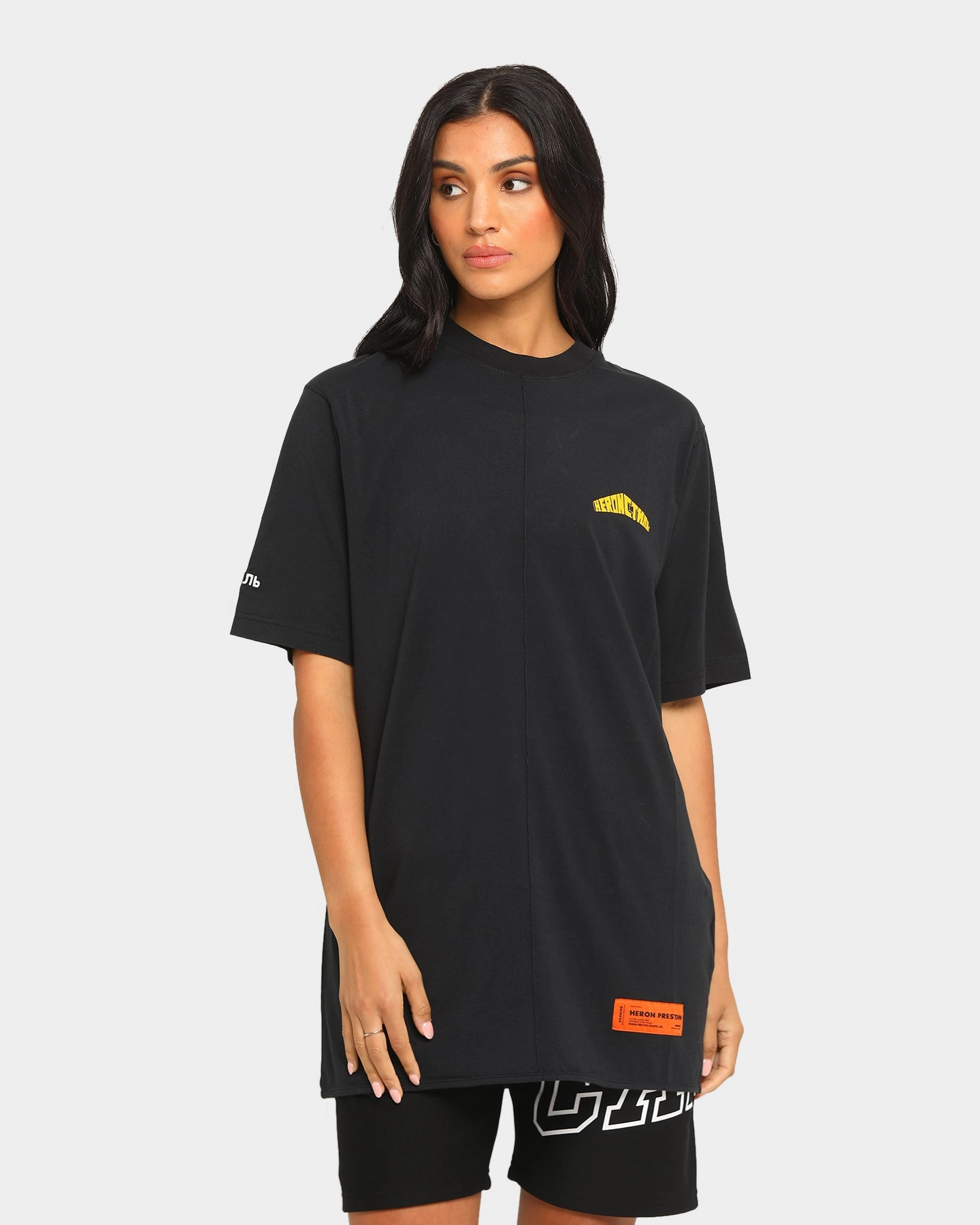 Heron Preston Oversized Style Logo Short Sleeve T-Shirt Black Timeless Fashion Ribbed Collar Trim