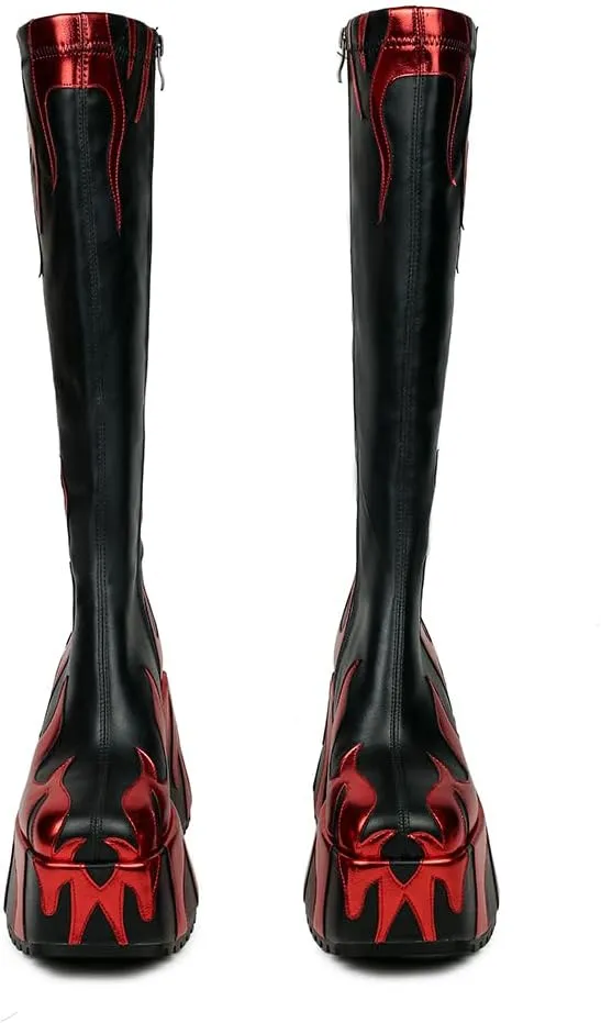 HiColor womens side zipper high heeled Flames Printing Chunky sole boots tall boots round toe boots