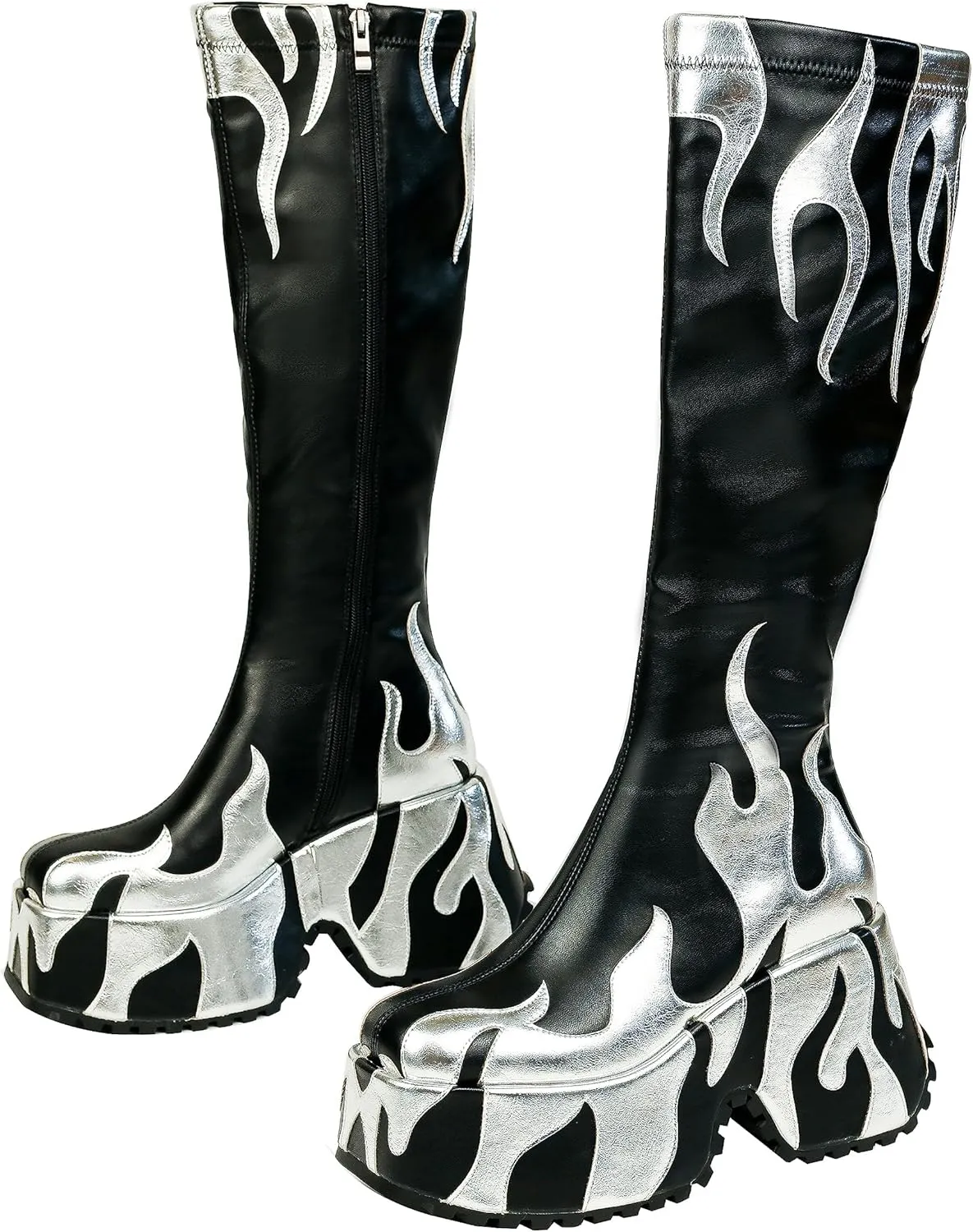 HiColor womens side zipper high heeled Flames Printing Chunky sole boots tall boots round toe boots
