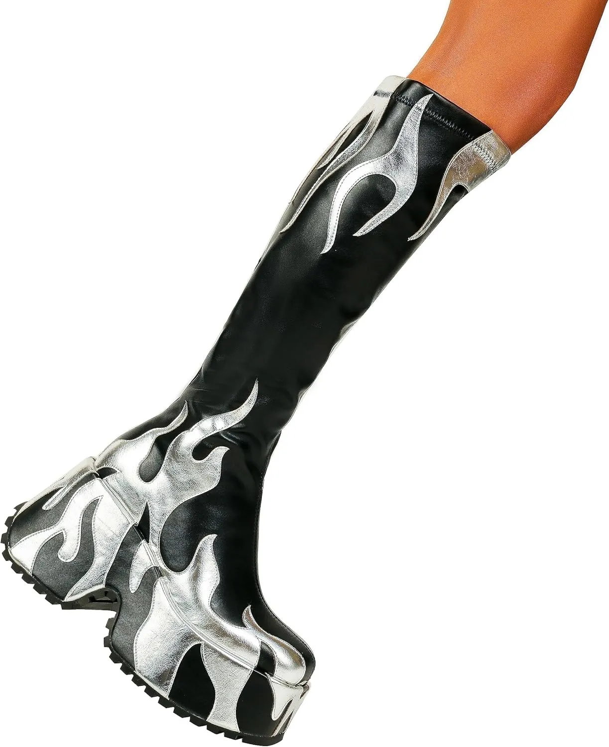 HiColor womens side zipper high heeled Flames Printing Chunky sole boots tall boots round toe boots