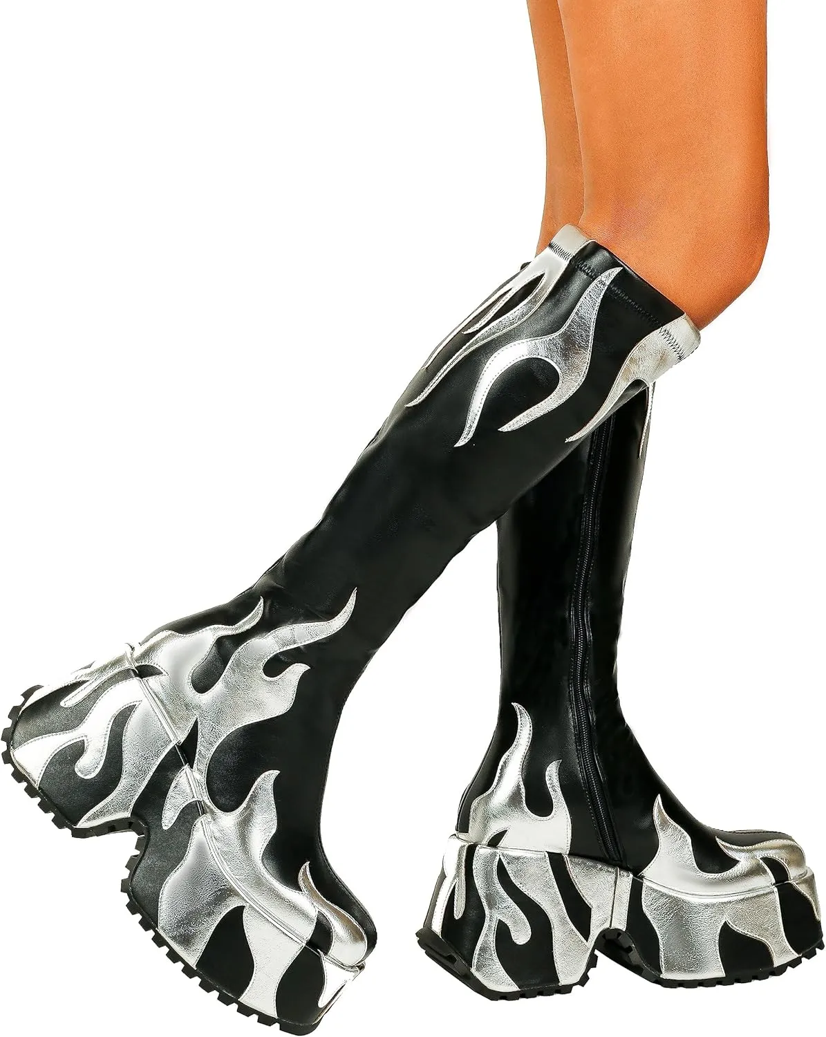 HiColor womens side zipper high heeled Flames Printing Chunky sole boots tall boots round toe boots