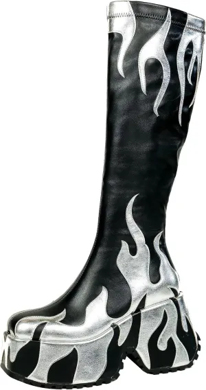 HiColor womens side zipper high heeled Flames Printing Chunky sole boots tall boots round toe boots