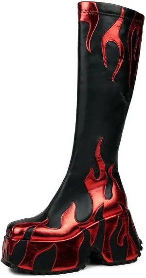 HiColor womens side zipper high heeled Flames Printing Chunky sole boots tall boots round toe boots