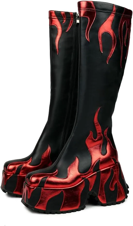 HiColor womens side zipper high heeled Flames Printing Chunky sole boots tall boots round toe boots