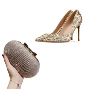 High-Quality Fashion Shoes And Matching Bag Set Silver Gold Black