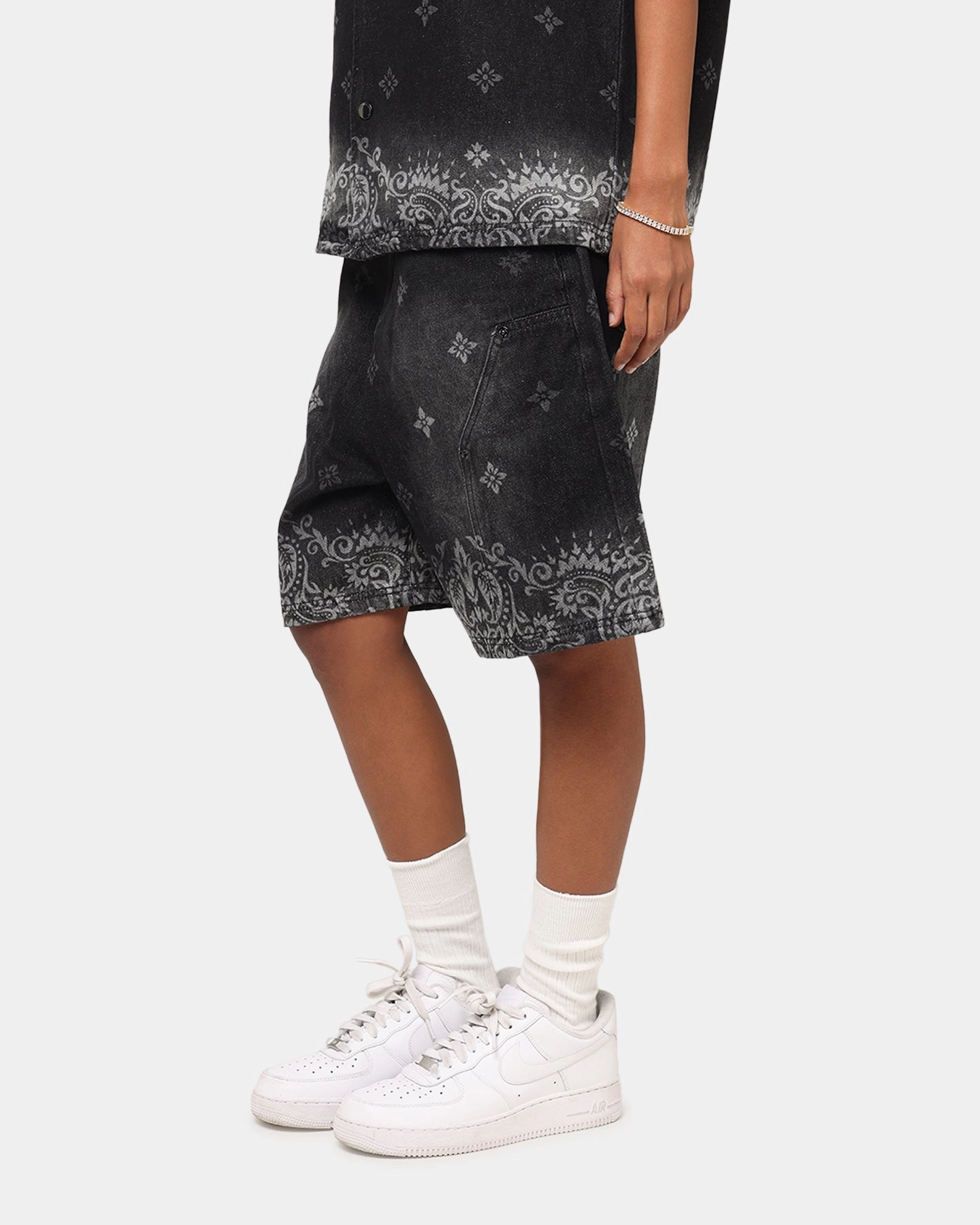 Wide fit AdjustableTabs Criminal Damage Laser Print Denim Shorts Washed Black