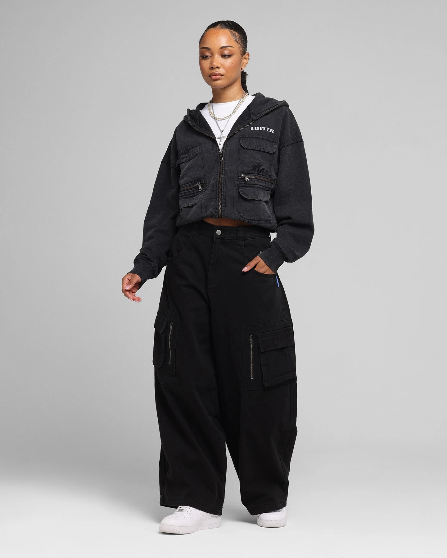 Loiter Combat Cargo Pants Washed Black high waisted