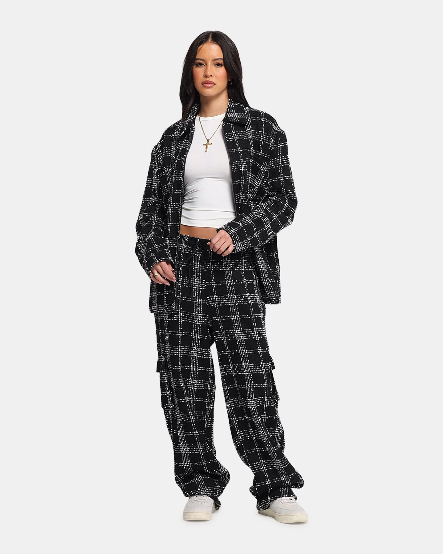 XXIII Boucle Tweed Cargo Pants Black/White Easy Fit