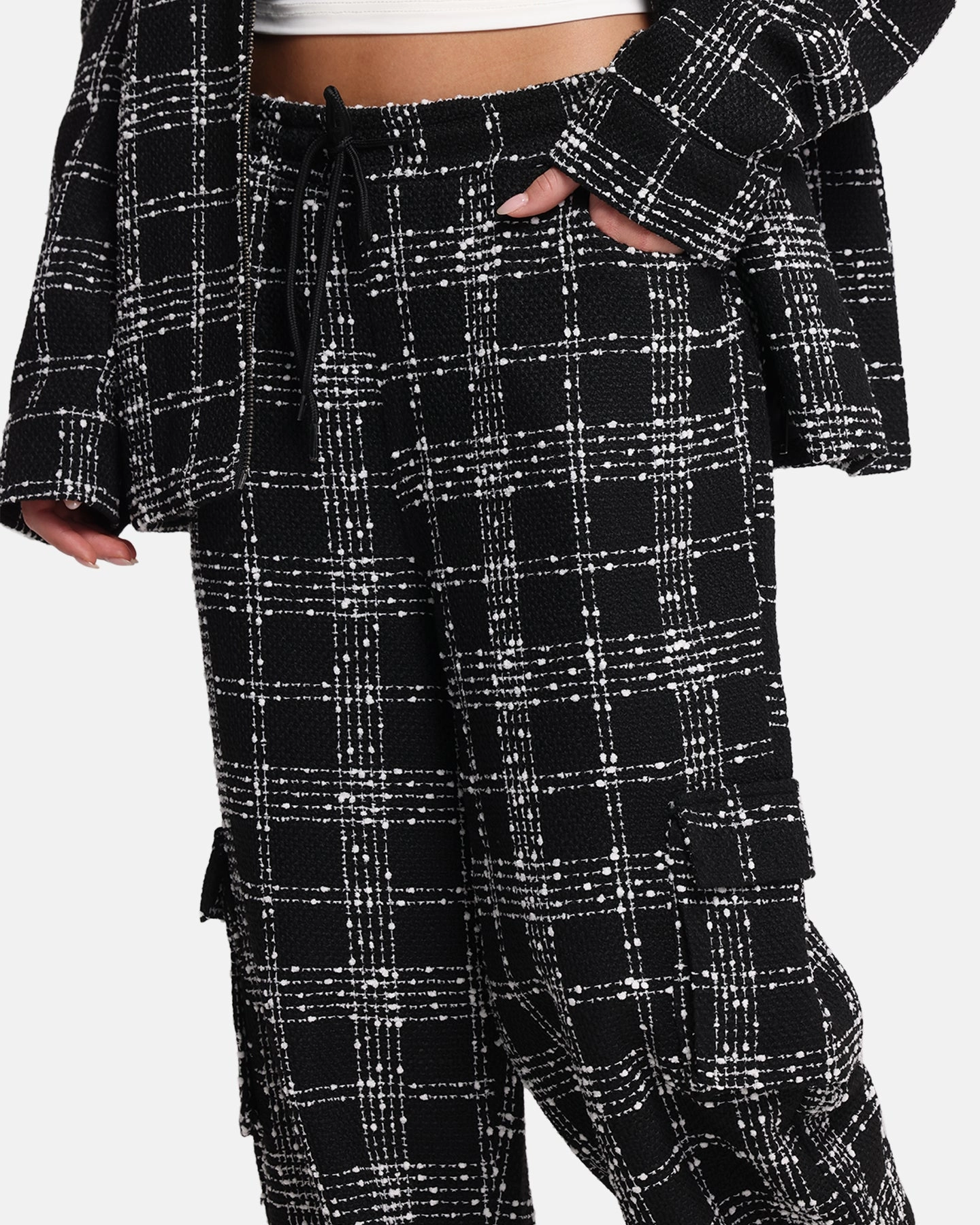 Smart Casual Effortless Look XXIII Boucle Tweed Cargo Pants Black/White