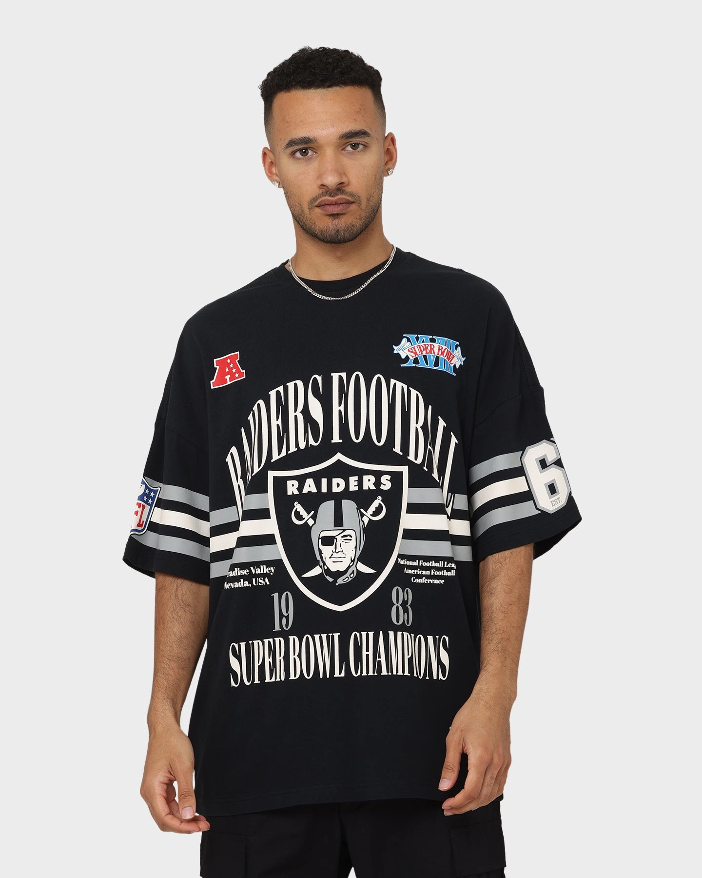 Majestic Athletic Las Vegas Raiders Champion Arch Stripe Oversized T-Shirt Faded Black Simple Look
