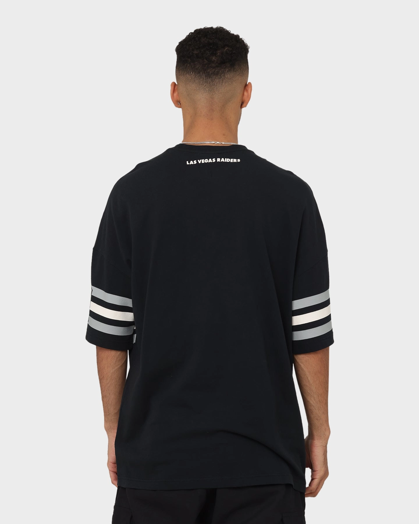 Majestic Athletic Las Vegas Raiders Champion Arch Stripe Oversized T-Shirt Faded Black Laser Cut Edges