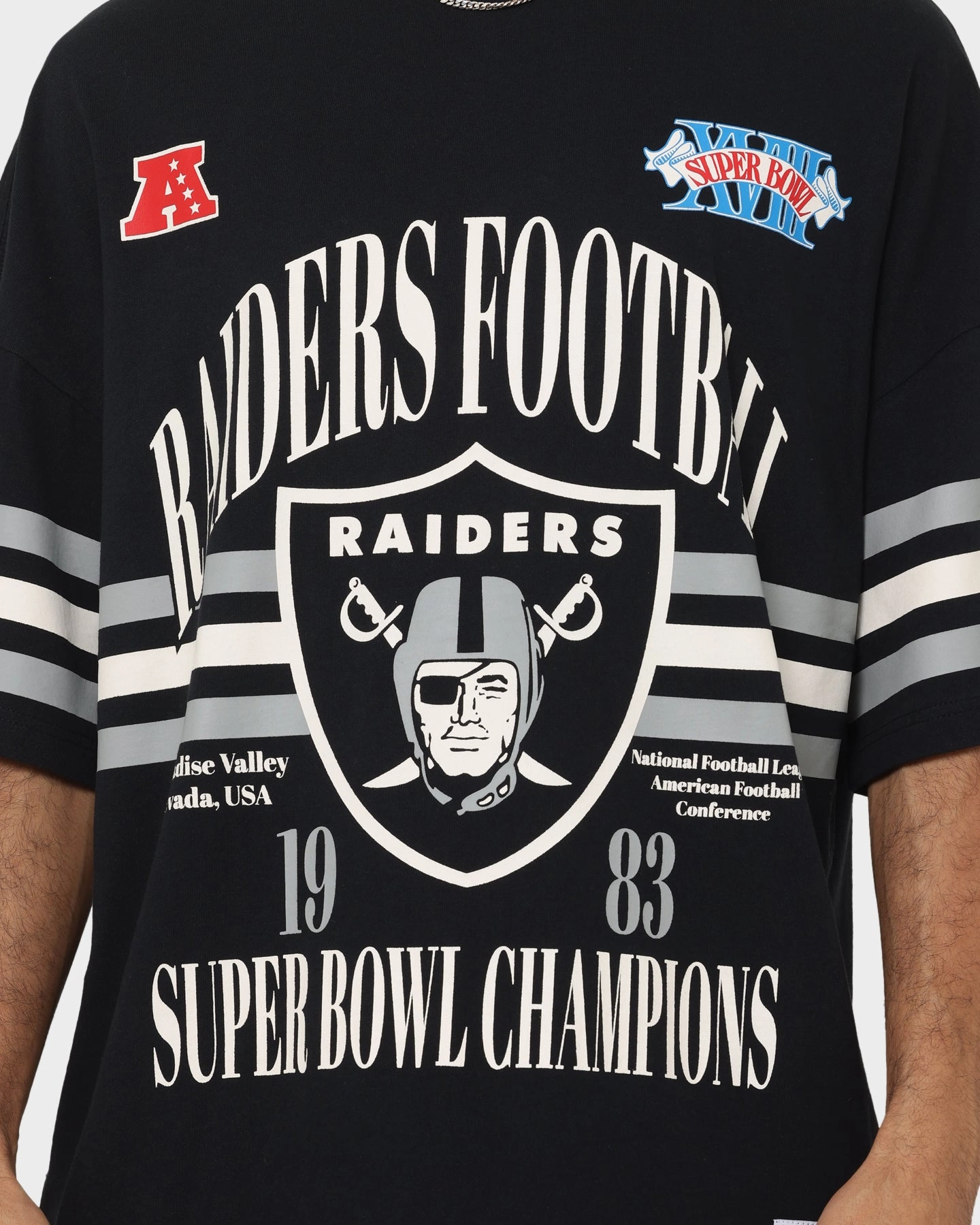 Chic and Cozy Majestic Athletic Las Vegas Raiders Champion Arch Stripe Oversized T-Shirt Faded Black