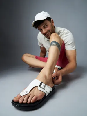 Hitz Men's White Leather Open Toe Slippers