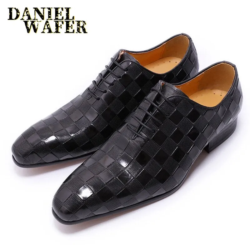 Italian Leather Plaid Print Lace-Up Black/Brown Shoes