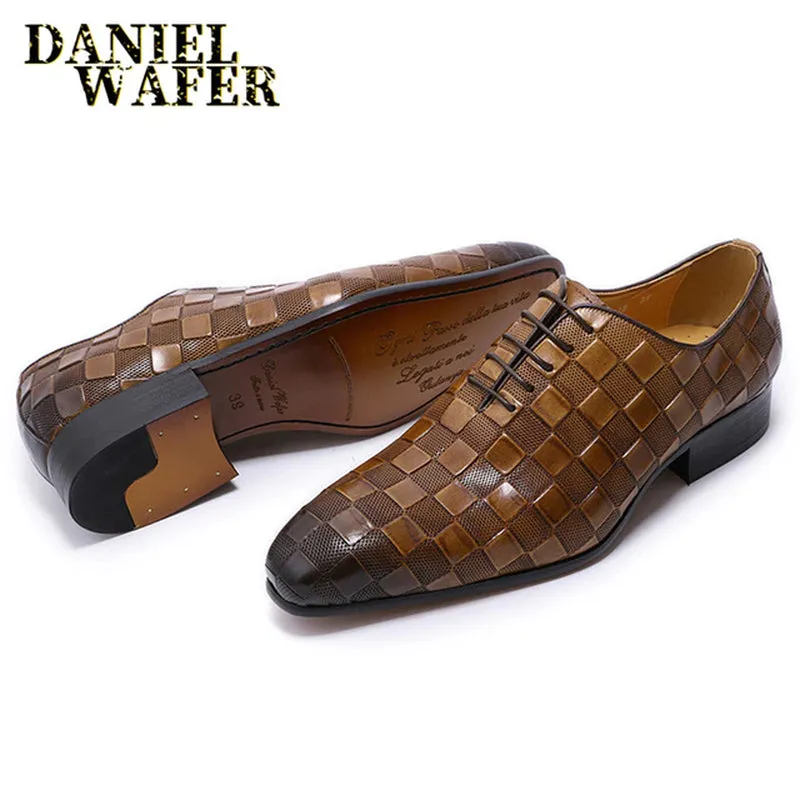 Italian Leather Plaid Print Lace-Up Black/Brown Shoes