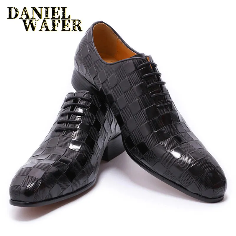 Italian Leather Plaid Print Lace-Up Black/Brown Shoes