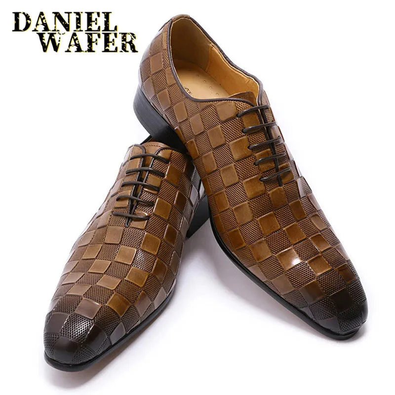 Italian Leather Plaid Print Lace-Up Black/Brown Shoes