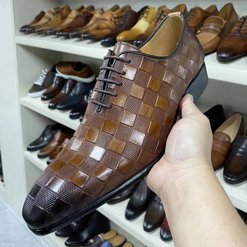 Italian Leather Plaid Print Lace-Up Black/Brown Shoes