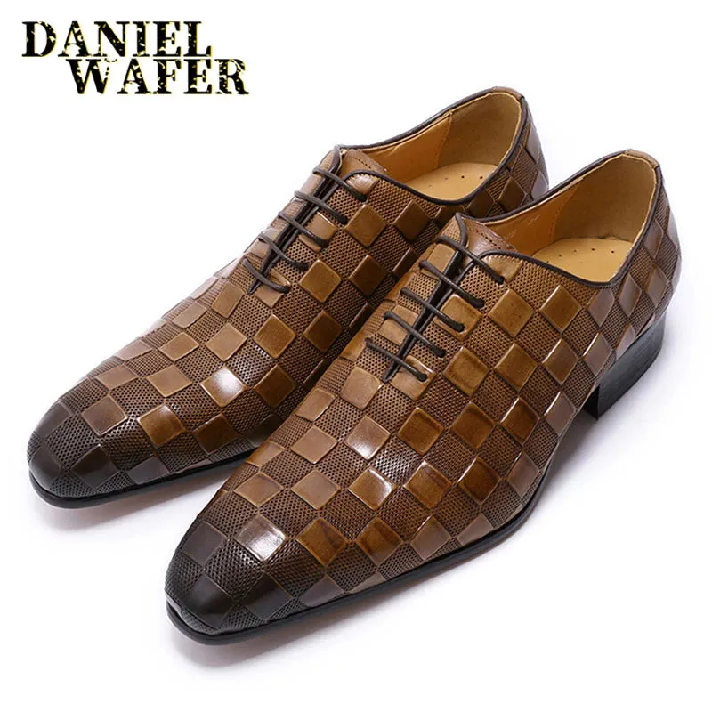 Italian Leather Plaid Print Lace-Up Black/Brown Shoes
