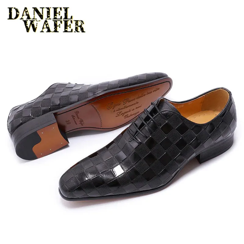 Italian Leather Plaid Print Lace-Up Black/Brown Shoes