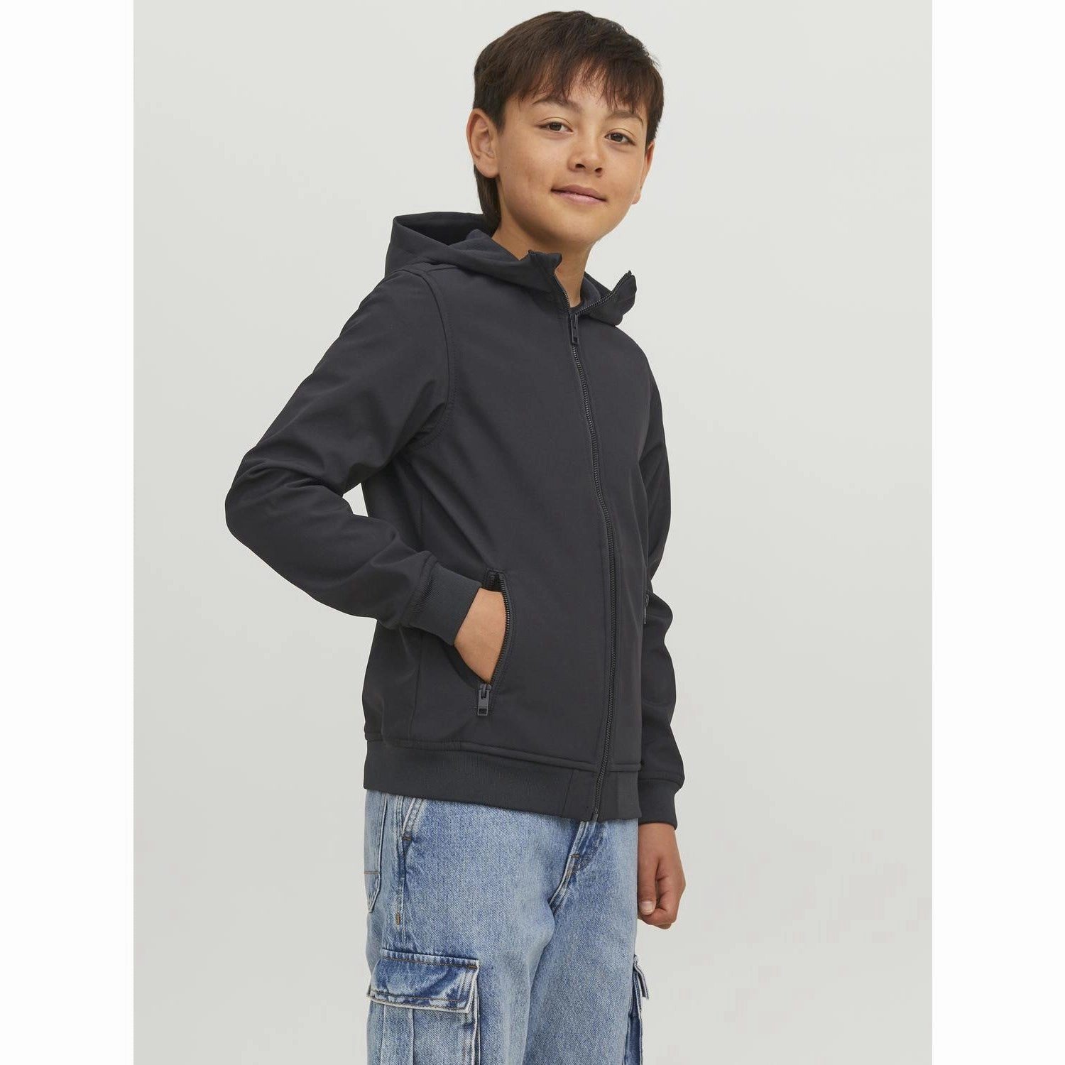 Jack & Jones Junior Black Basic Hooded Softshell Jacket Noos Glow In The Dark Trim