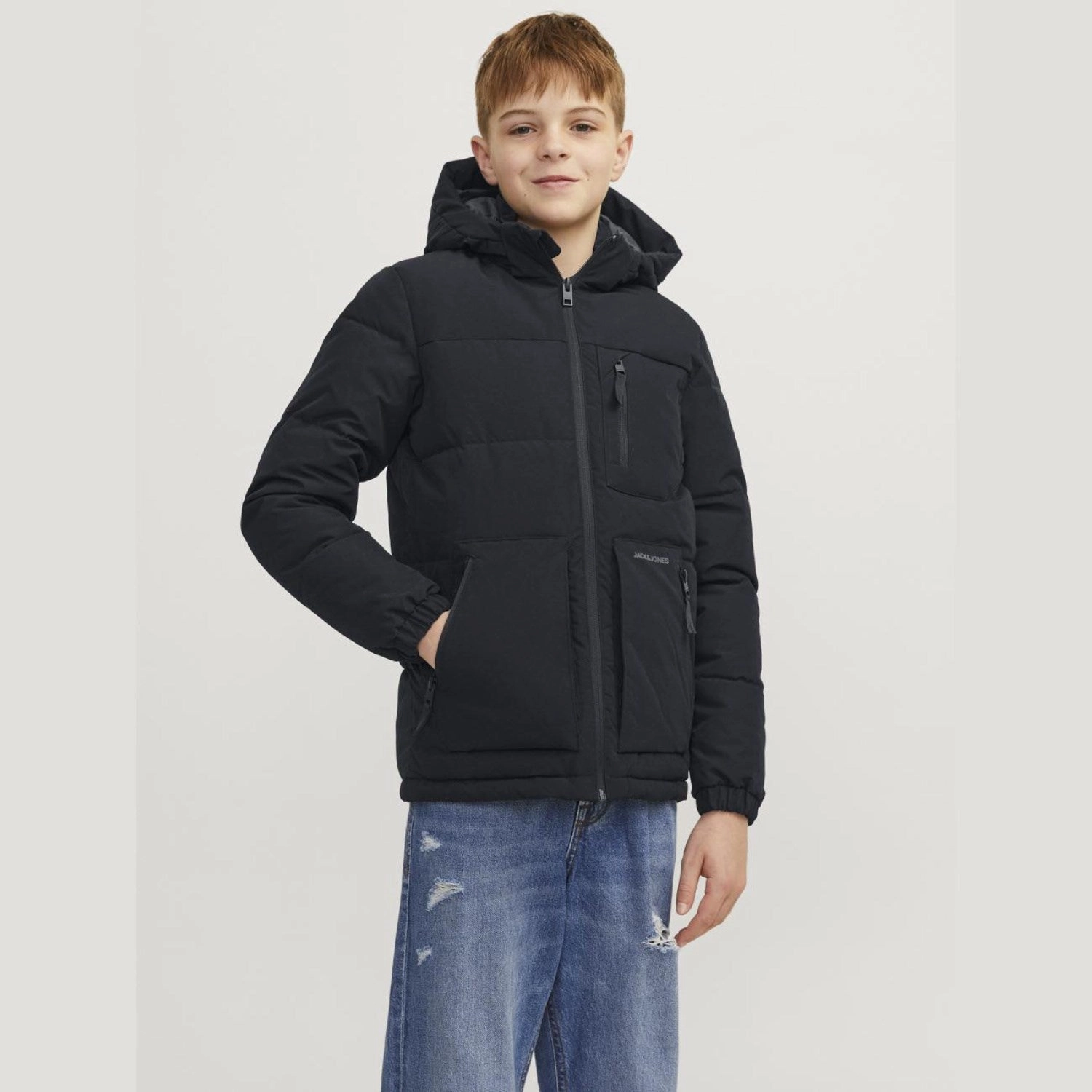 Jack & Jones Junior Black Eotto Puffer Jacket RipResistant Reinforcement