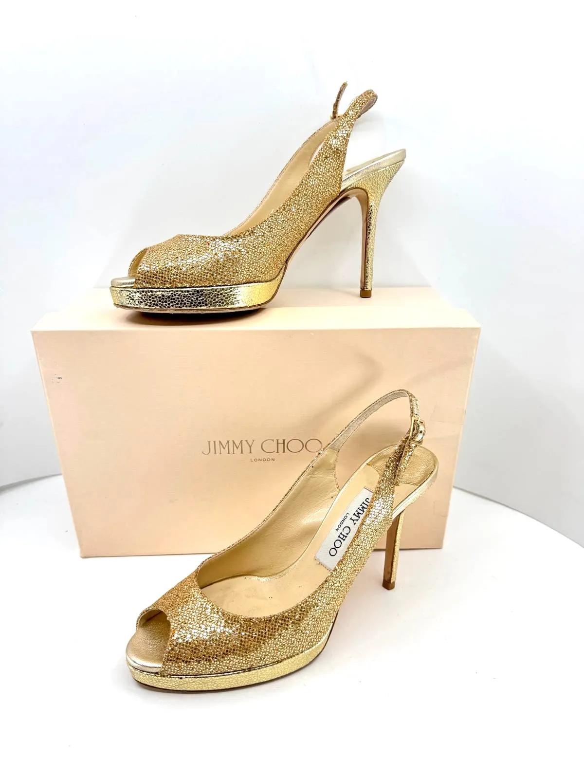 JIMMY CHOO CLUE GLITTER SLINGBACK PEEP TOE PUMPS