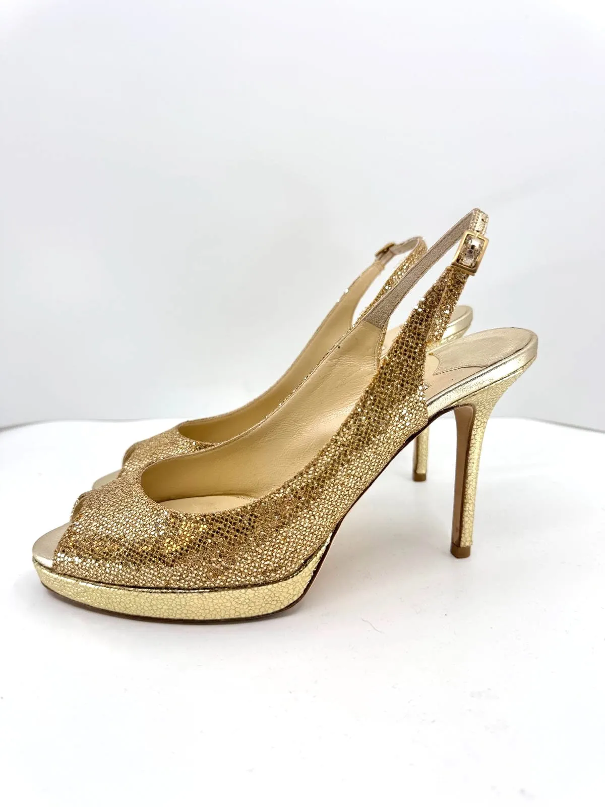 JIMMY CHOO CLUE GLITTER SLINGBACK PEEP TOE PUMPS