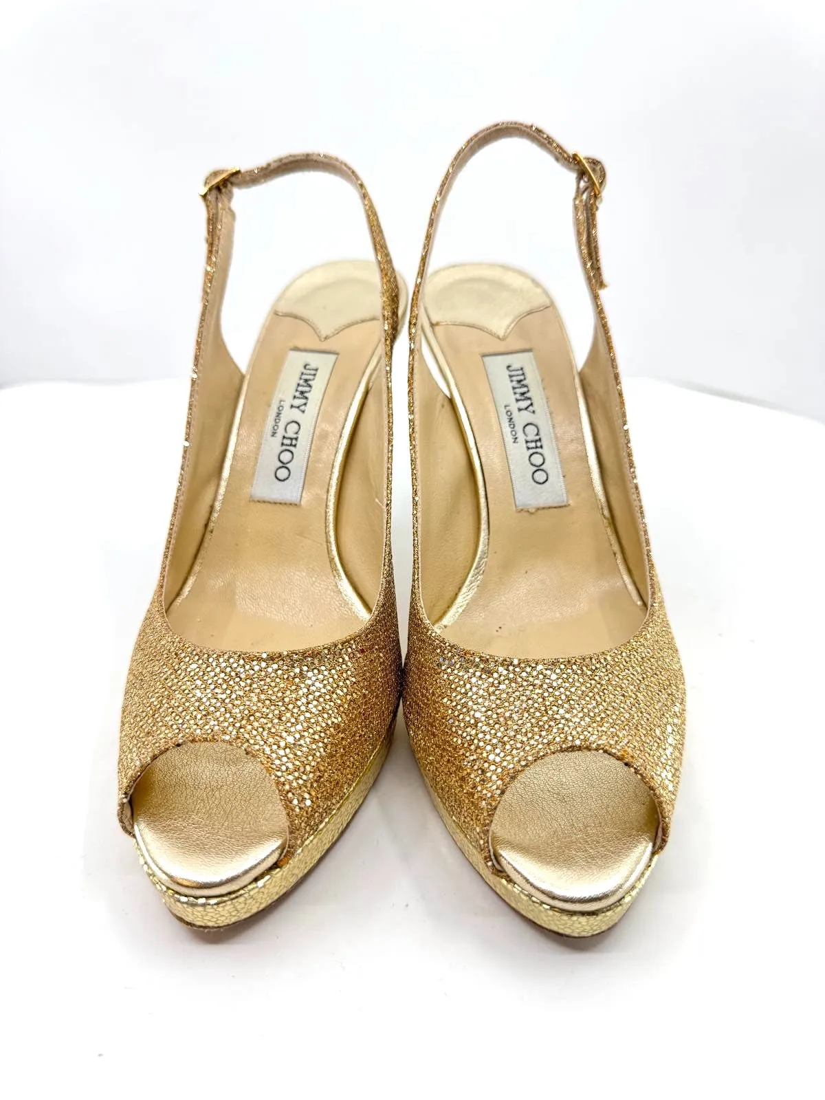 JIMMY CHOO CLUE GLITTER SLINGBACK PEEP TOE PUMPS