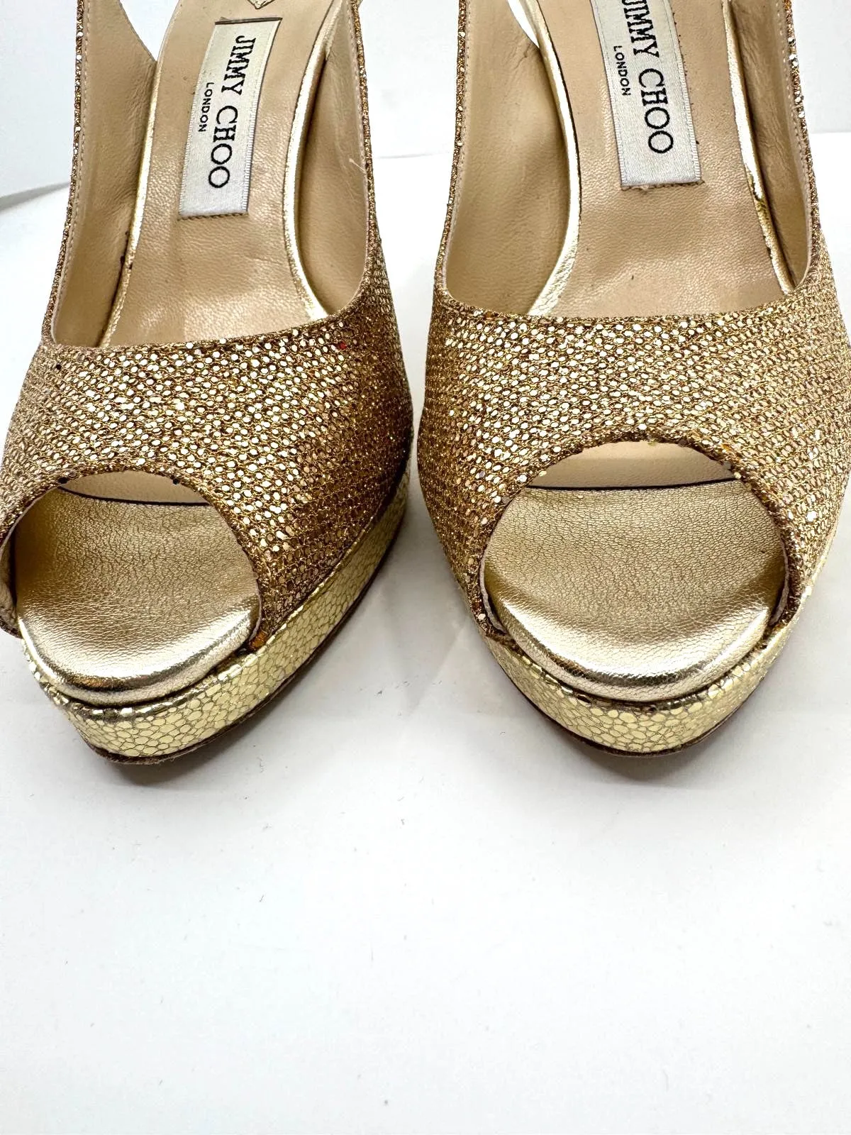 JIMMY CHOO CLUE GLITTER SLINGBACK PEEP TOE PUMPS