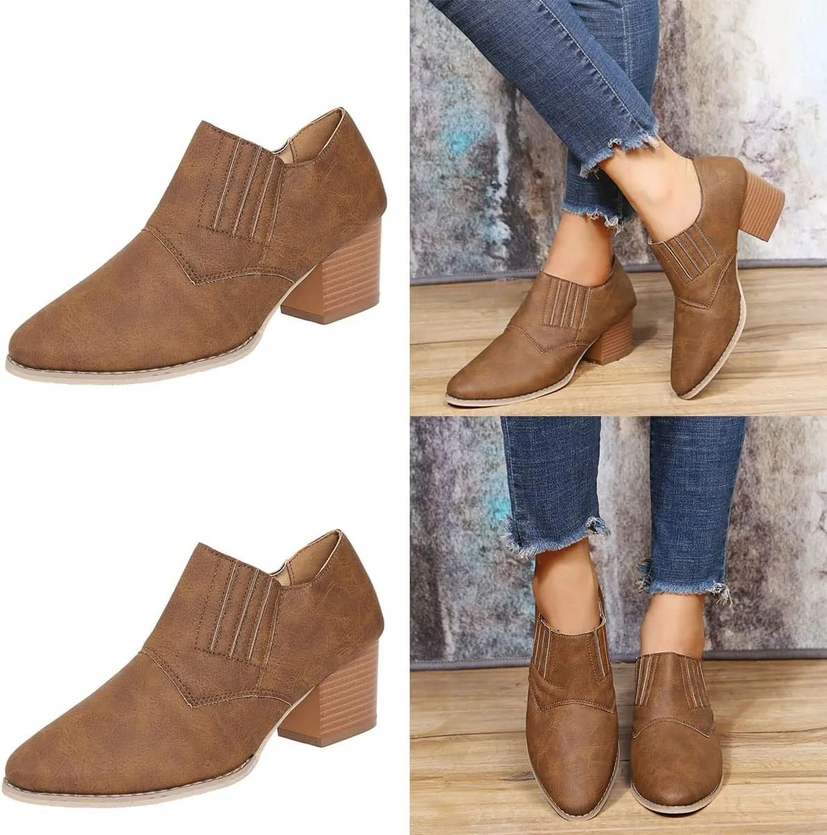 JITUUE Women's Pointed Toe Block Heel Bootie Slip-On Ankle Boots Faux Leather Heel Heels Chunky Boot